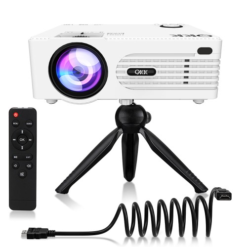 QKK 2021 Upgraded 6500Lumens Mini Projector, Full HD 1080P & 200" Display Supported, Portable Movie Projector Compatible with Phone, TV Stick, PS4, HDMI, AV, Dual USB [Tripod Included]